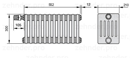 Схема (чертеж) Радиатор Zehnder Charleston 6030/12 №V012 Белый глянцевый RAL 9016